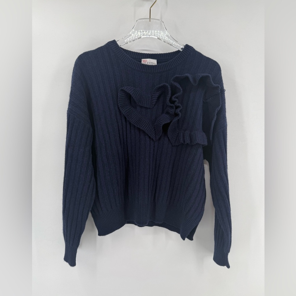 RED VALENTINO Blue Wool And Viscose Ruffle Heart Trim Sweater size medium